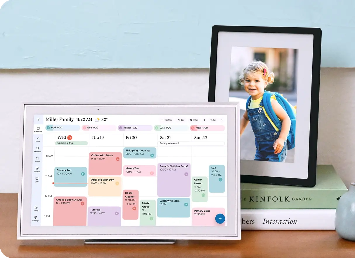 Skylight Calendar 15" on a countertop with a plant and bookcase in the background